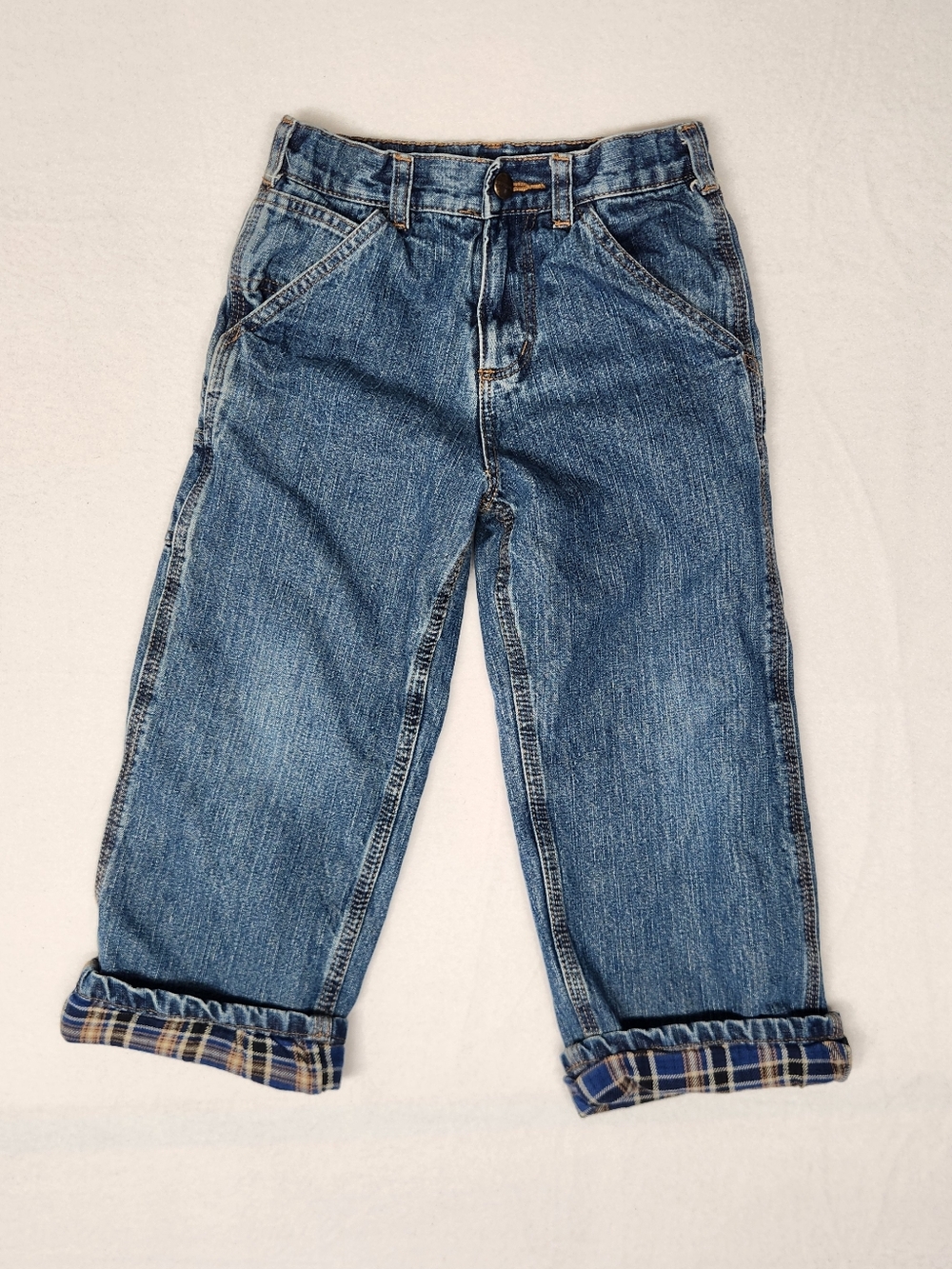 Carhartt Boys Sz 5 Adjustable Waist Carpenter Jeans Durable Plaid Lined Utility
